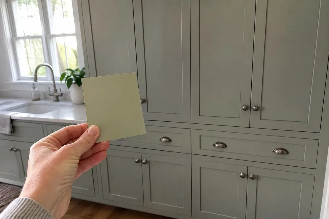 A warm sage paint sample held against full cabinets that appear cooler and grayer in the room